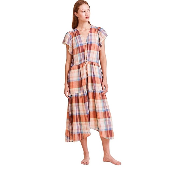TROVATA Kristi Tiered Ruffle Market Plaid Midi Dress - Picture 1 of 16